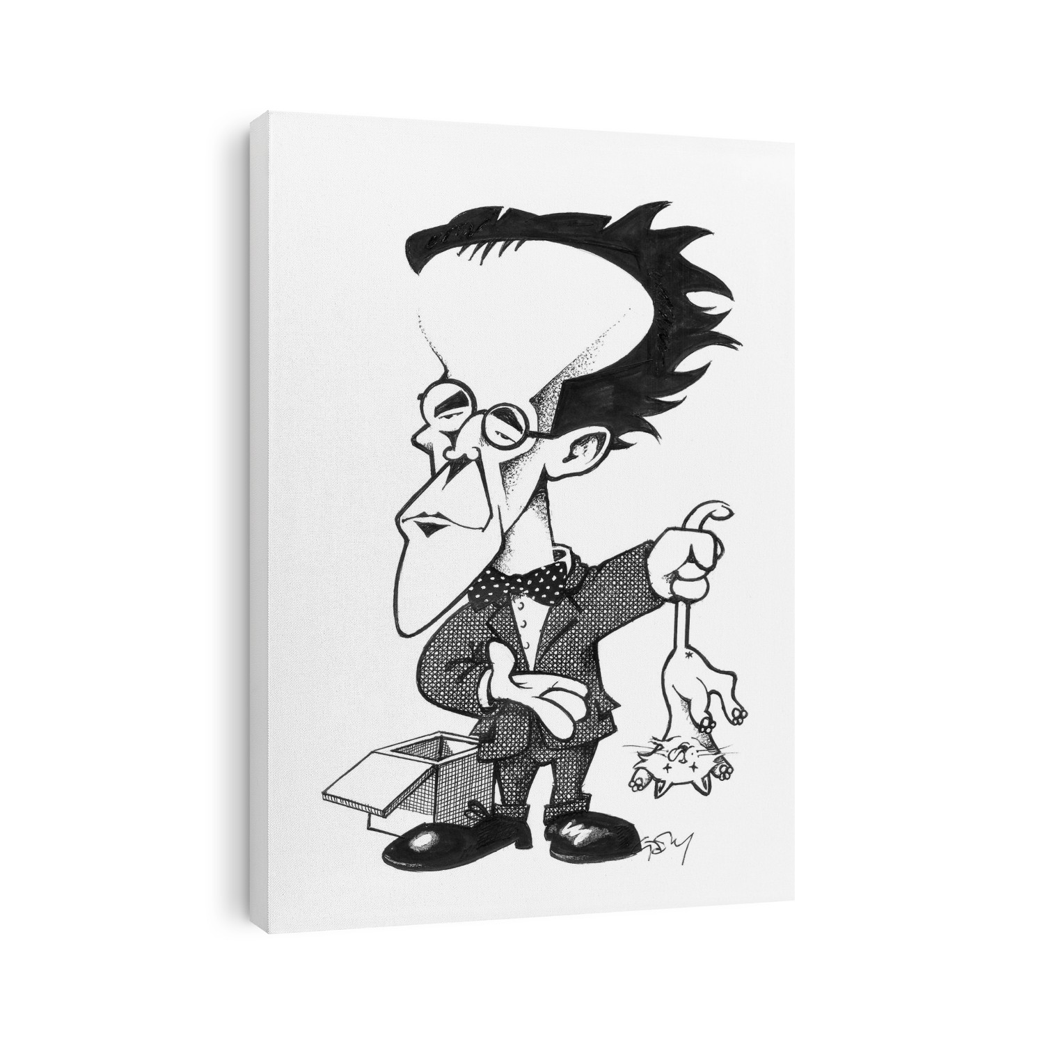 Erwin Schrodinger (1887-1961). Caricature of the Austrian physicist Erwin Schrodinger holding a cat. In 1926, Schrodinger published a series of papers that founded the science of quantum wave mechanics. His wave equation described the wave- like dual behaviour of particles, and correctly predicted the electron distribution of the hydrogen atom. He shared the 1933 Nobel Prize for Physics with Paul Dirac. He was Physics Professor at Berlin University from 1927-1933, eventually settling in Ireland and retiring to Austria in 1956.