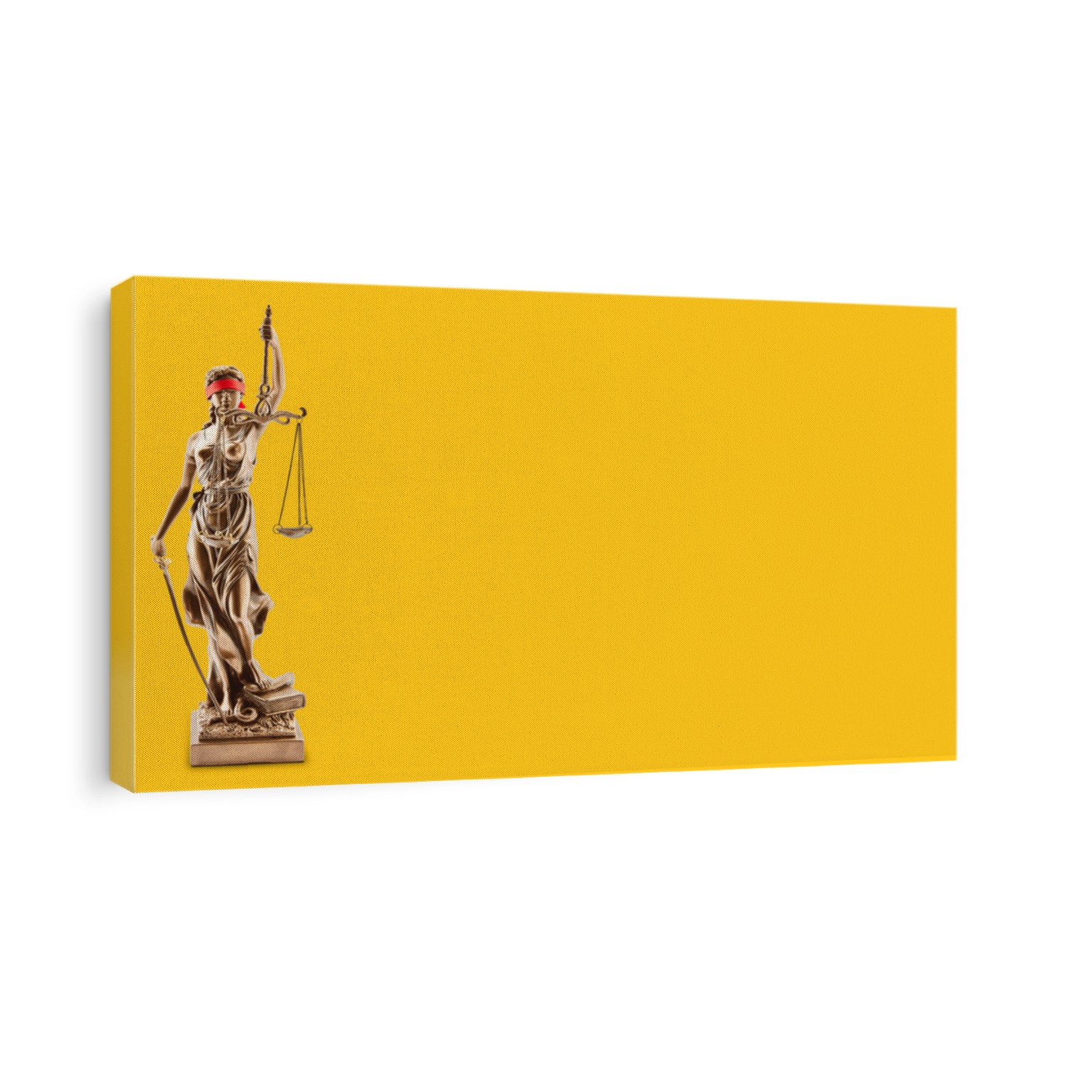 Blind lady justice with blindfold against yellow background with copy space as law concept